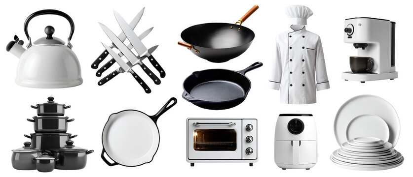 Set of cooking utensil cookware crockery tools for kitchen, kettle, knife pot, oven toaster, air fryer, chef outfit, coffee machine, plates bowl, saucepan, pan, skillet, transparent cutout PNG mockup