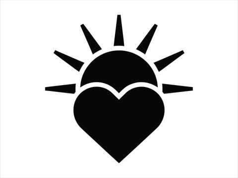 A minimalist black icon featuring a heart shape combined with a rising sun design representing health awareness and celebration for the annual world heart day