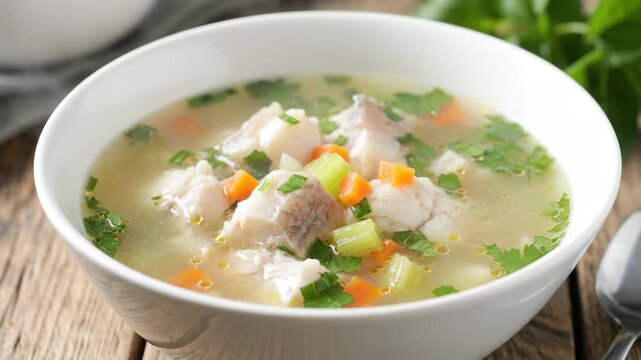 Close up of delicious fish soup in a bowl, nutritious and delicious chicken and vegetable soup
