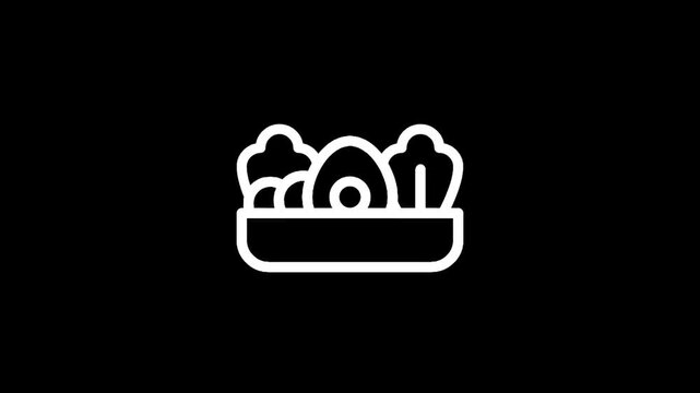 Simple line art icon of a salad bowl with lettuce and egg on a black background