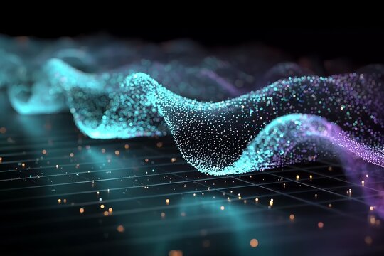 Abstract turquoise and purple particle waves above a glowing digital grid