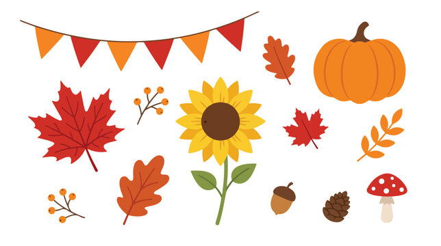 Autumn harvest vector collection, vibrant fall season elements, festive Thanksgiving and Halloween graphic resources, seasonal nature illustrations