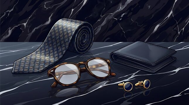 Luxury men's fashion accessories on dark marble background.