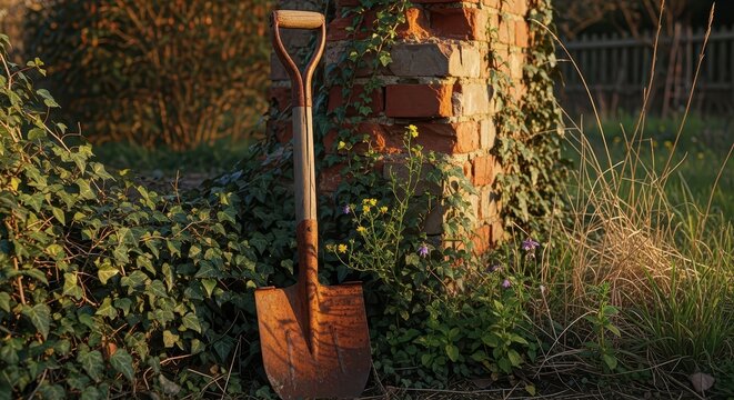 Rusty garden spade leaning against overgrown brick column with ivy and wild flowers in soft golden hour light