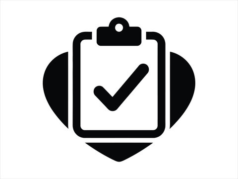 Black icon representing a clipboard with a check mark inside a heart shape symbolizing medical health checkup and awareness for world heart day event