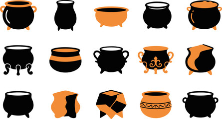 Collection of various black and orange halloween cauldron icons for magic potions and spooky holiday decorations © MD
