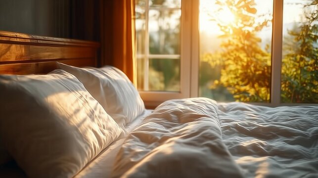 Unmade bed with white linens in warm sunlight beside a bedroom window