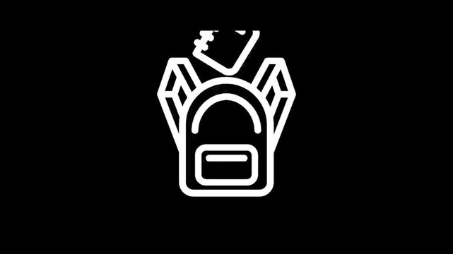 White line art icon of a backpack with a notebook peeking out, on a black background