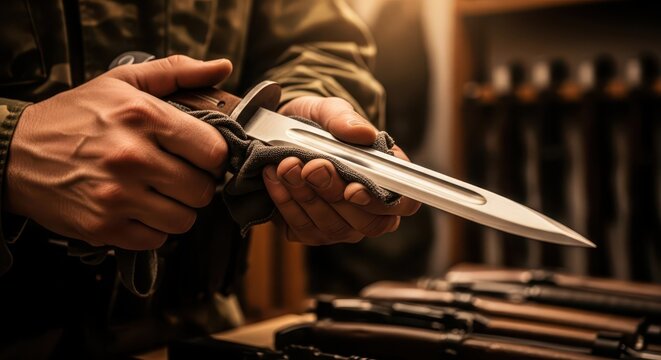 Close-up of a soldier's hands cleaning a bayonet knife with a cloth, showcasing meticulous preparation and military equipment.
