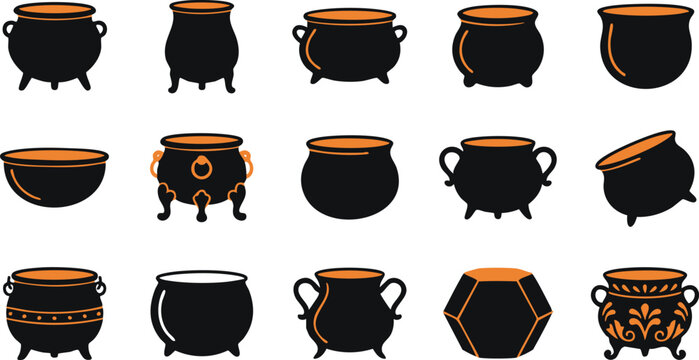 Collection of various black witch cauldrons for halloween decorations and magical potion brewing isolated on white background