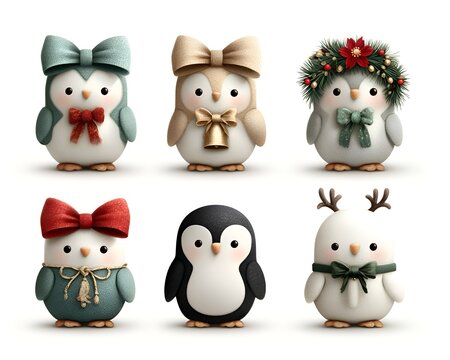 Cute Christmas Penguins Wearing Festive Bows and Holiday Accessories