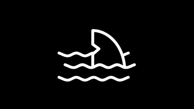 Minimalist white shark fin icon emerging from wavy water on black background
