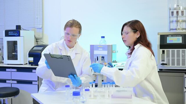 A scientific research team collaborating in a modern laboratory, conducting experiments, analyzing samples, and using advanced lab equipment