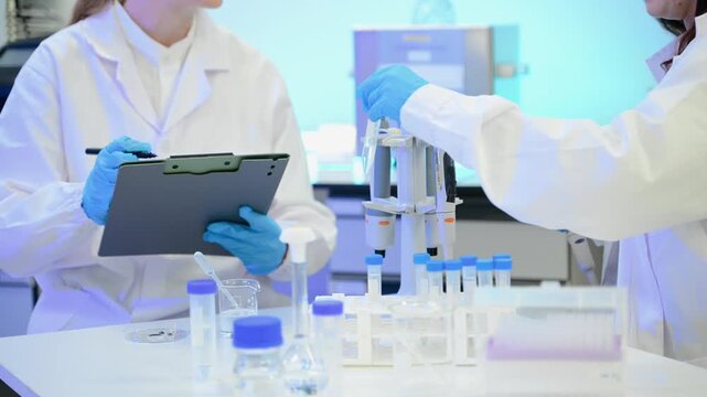 A scientific research team collaborating in a modern laboratory, conducting experiments, analyzing samples, and using advanced lab equipment