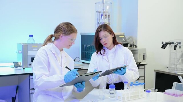 Two scientist or medical technician working, having a medical discuss meeting with an Asian senior female scientist supervisor in the laboratory with online reading, test sample