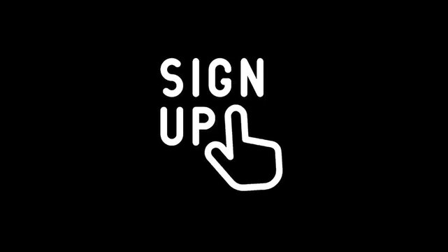 Simple white line art icon for 'Sign Up' with a cursor hand clicking on the 'UP' text
