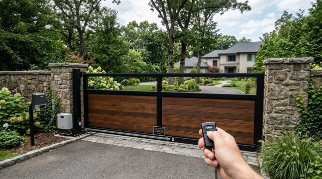 Automated sliding gate installed within a high stone wall for enhanced security.