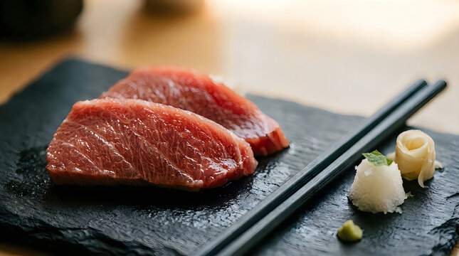 Fresh Tuna Sashimi Slices with Chopsticks on Slate Plate