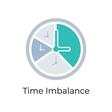 Time imbalance conceptual diagram showing a clock face with unequal segments in blue and grey colors representing poor schedule management system
