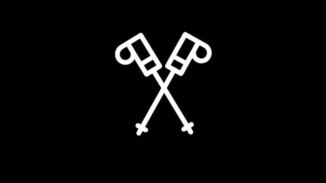 Simple white line art icon of crossed hiking poles on a black background