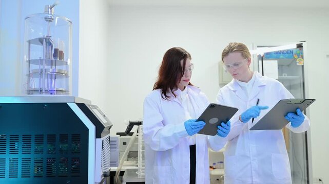 Young scientists conducting research investigations in a medical laboratory, a researcher in the foreground is using a microscope in laboratory for medicine.