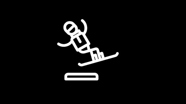 Stylized icon of a snowboarder performing a jump and trick on a black background
