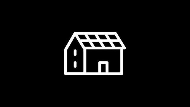 Simple line art icon of a house with solar panels on the roof generating clean energy