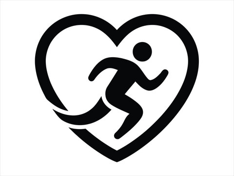 Minimalist black and white icon featuring a human silhouette running inside a heart shape representing healthy lifestyle and fitness for annual world heart day event