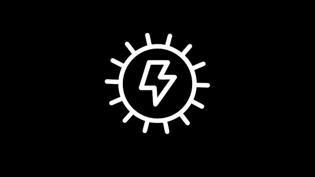 White line art icon of a sun with a lightning bolt inside on a black background