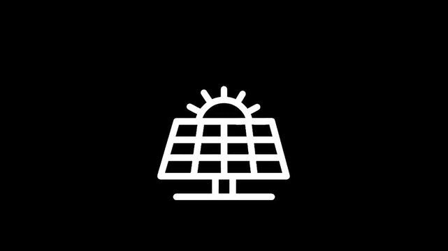 Simple white line icon of a solar panel with a sun rising behind it on a black background