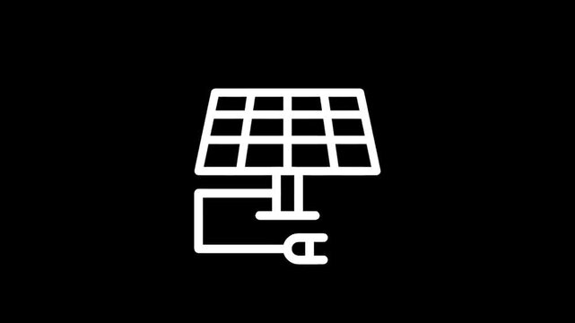 Simple white line icon of a solar panel connected to an electrical plug on a black background
