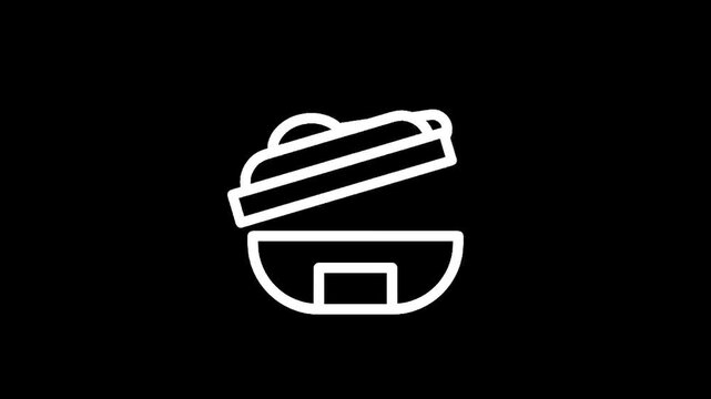 Simple white icon of a bento box with a spoon on a black background