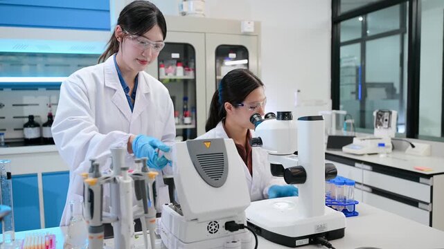 Team of scientists analyzing blue liquid samples in a modern lab, showcasing biotechnology, chemistry, and medical research innovation.