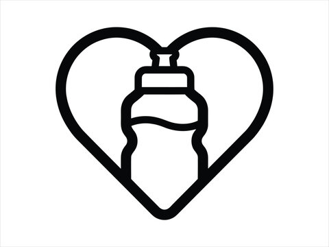 Minimalist black and white line art icon featuring a water bottle inside a heart shape representing healthy hydration habits for celebrating world heart day event