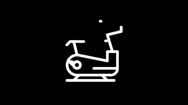 Simple white line art icon of an exercise bike on a black background