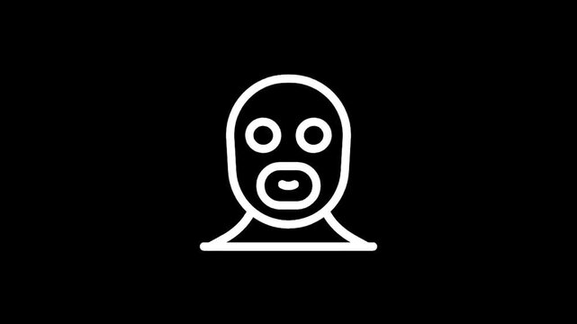 Simple white line icon of a face wearing a spa mask on a black background