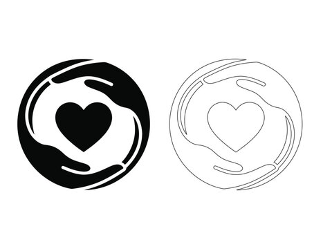 Minimalist black and white icon design featuring hands cradling a heart shape perfect for medical awareness campaigns and celebrating the annual world heart day event