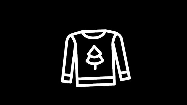 Simple line art icon of a white Christmas sweater with a tree on a black background