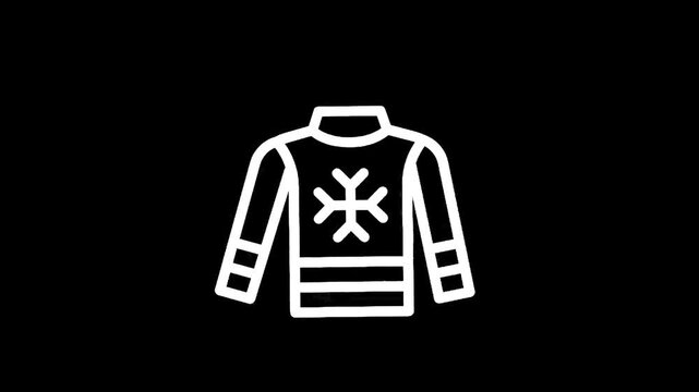 White line art icon of a winter sweater with snowflake design on black background