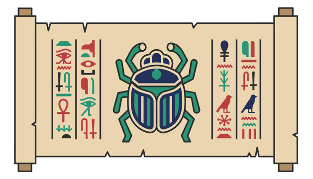 Egyptian papyrus scroll features a large central scarab beetle illustration and colorful vertical columns of hieroglyphics.