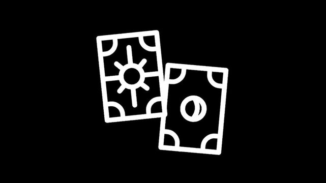Two stylized tarot cards with sun symbol on black background, minimalist line art icon