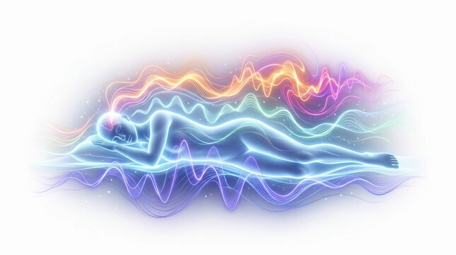 Glowing silhouette of person sleeping with brain waves