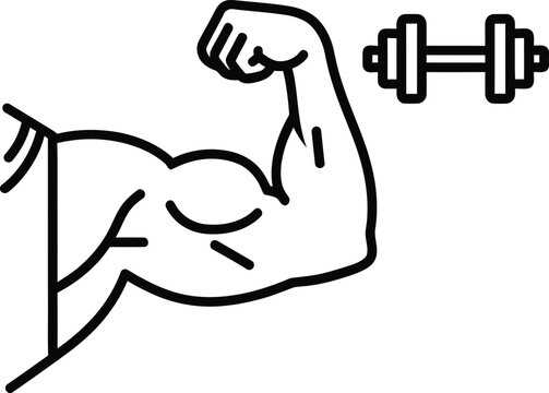Bicep muscle arm flexing and dumbbell gym strength icon with strength dumbbell exercise training bodybuilding minimalist pictogram