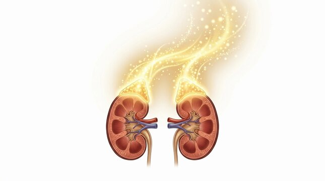 Human kidneys illustration with glowing adrenal glands