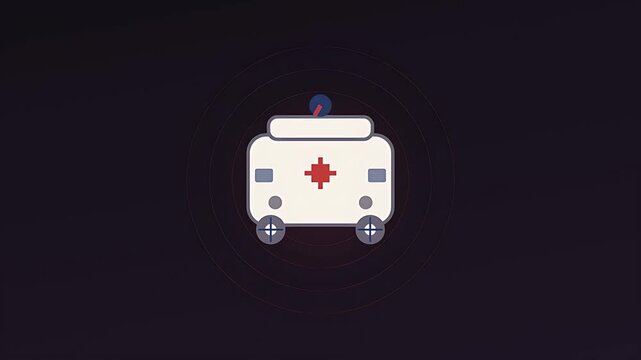Emergency medical ambulance vehicle icon animation showing immediate rescue services and healthcare aid on a dark technological background