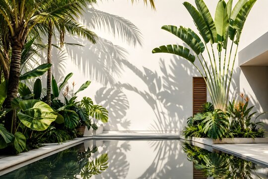 Luxury pool villa exterior with tropical plants and palm shadows