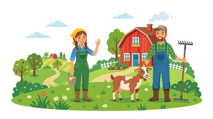 Fototapeta premium Farmers and Goat on a Sunny Rural Farm