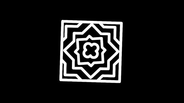 Abstract geometric white pattern on a black background, a stylized star shape within concentric squares