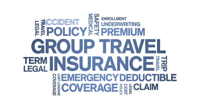 Group Travel insurance animated word cloud-text design animation tag kinetic typography seamless loop.