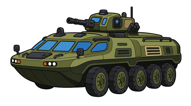 Green Amphibious Military Vehicle Cartoon Vector Illustration - Front View Detail